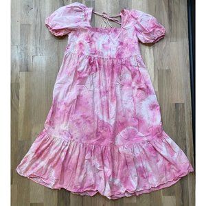 H&M - COTTON POPLIN PUFF SLEEVE SQUARE NECK MIDI DRESS - PINK DYE TECH - LARGE